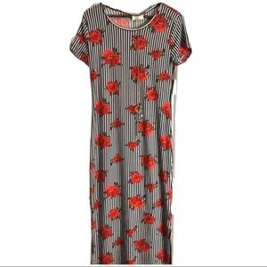 Soft long black white striped dress with roses